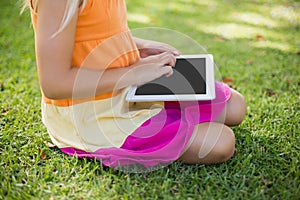 Young girl using digital tablet in park