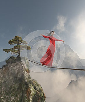 Young girl walking in balance on the rope