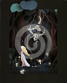 Young girl walking in the dark forest, two trolls or forest spirits watching her. Changeling folklore fairy tale vector