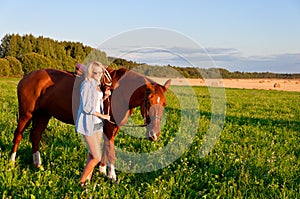 Young girl walking with a horse in the field