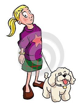 Young girl walking poodle dog