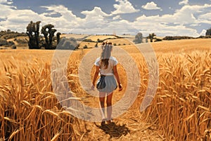 Young girl walking on wheat field. Generative AI