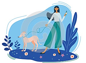 Young girl walks with a dog. Walk in nature. Walking the dogs. Active rest in the park. Vector illustration in a flat style. Cute