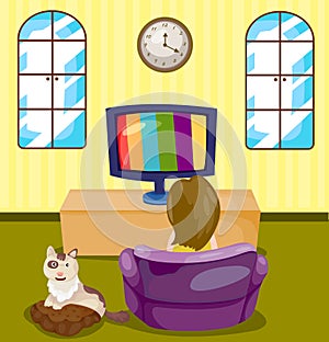 Young girl watching TV with cat