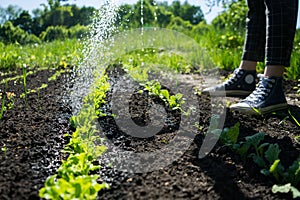 Young girl watering a garden bed and microgreens. Growing vegetables in backyard