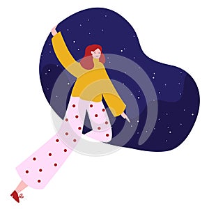 young girl wear pajama sleepwear and sky sparkle shine star galaxy universe astrology in nigh time view