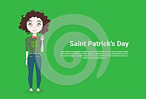 Young Girl Wearing Green Sweater With Shamrock Sign Over Template Saint Patricks Day Background