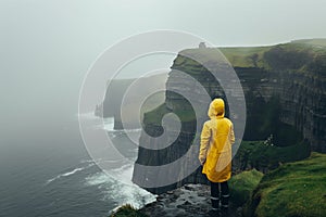 Young girl wearing raincoat standing on the edge of a cliff with huge waves rolling ashore. Rough foggy Irish weather. Beautiful