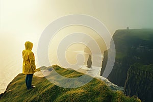 Young girl wearing raincoat standing on the edge of a cliff with huge waves rolling ashore. Rough foggy Irish weather. Beautiful