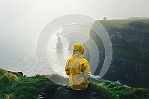 Young girl wearing raincoat standing on the edge of a cliff with huge waves rolling ashore. Rough foggy Irish weather. Beautiful