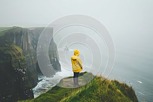 Young girl wearing raincoat standing on the edge of a cliff with huge waves rolling ashore. Rough foggy Irish weather. Beautiful