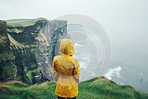 Young girl wearing raincoat standing on the edge of a cliff with huge waves rolling ashore. Rough foggy Irish weather. Beautiful