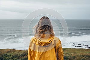 Young girl wearing raincoat standing on the edge of a cliff with huge waves rolling ashore. Rough Irish weather. Beautiful nature