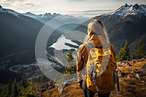 Young girl wearing a vibrant yellow jacket, arriving at the end of the hike, representing the spirit of adventure, accomplishment