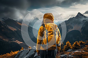 Young girl wearing a vibrant yellow jacket, arriving at the end of the hike, representing the spirit of adventure, accomplishment