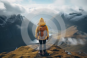 Young girl wearing a vibrant yellow jacket, arriving at the end of the hike, representing the spirit of adventure, accomplishment