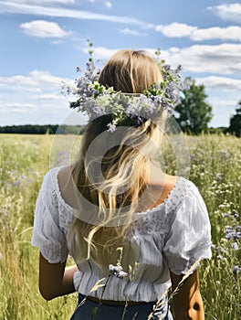 Young girl wearing a wreath of wild flowers on her head, walking in the green field in rural landscape. Generative AI