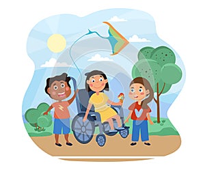 Young girl in a wheelchair playing with friends