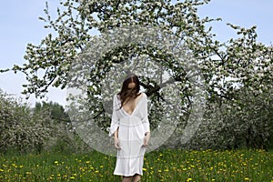 Young girl in white dress near blooming apple tree