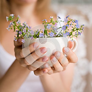Young girl in a white tank holding a dotted cup with forget-me-not. Flowers in a mug. Hands with flowers. Smiling woman with