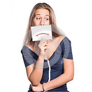 Young girl with whiteboard sad face