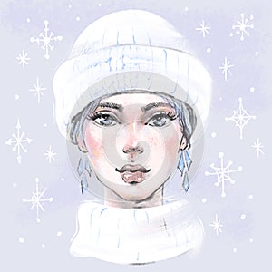 Young girl in a winter hat and scarf. Woman in winter clothes on a blue background. Female character under the falling