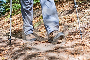 Young girl woman Hiking schoes and sticks detail view in the forest outdoor activity in nature