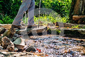 Young girl woman Hiking schoes and sticks detail view in the forest outdoor activity in nature