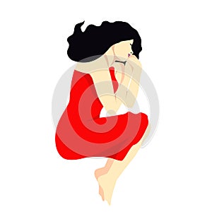 A young girl or woman lies with her legs bent and her hands pressed to the body in a red dress.