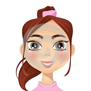 Young girl or women avatar, female character face with brown hair and pink shirt, cute portrait for social networks or user