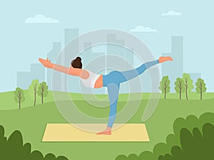 Young girl in yoga pose on open air. Exercise in a city park, trees and town on the background. Healthy lifestyle