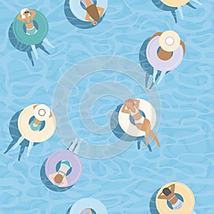 Young girls floating on colorful inflatable rings in blue pool water. Top aerial view. Seamless pattern