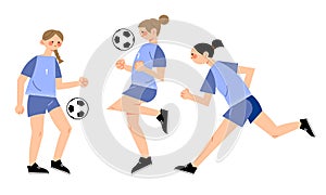 Young girls football players in uniform playing football outdoors vector illustration