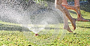 Young girls playing jumping in a garden water lawn sprinkler