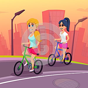 Young Girls, Riding Bicycles in Big City at Sunset