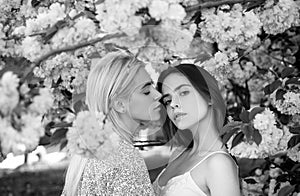 Young girls and spring flowers. Portrait of a two beautiful young women relaxing in sakura flowers. Lesbian couple