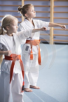 Young girls training karate moves