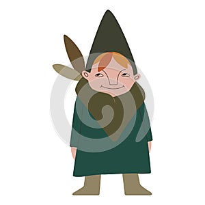 A young gnome with red bangs in a pointed cap and a neckerchief in a green robe. Vector illustration for packaging