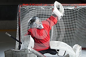 Young goalkeeper catching a puck