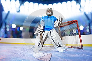 Young goaltender preparing to catch the puck photo