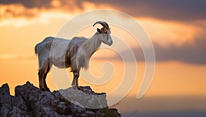 Young goat grazing on a mountain meadow at sunset generated by AI