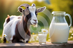 Young goat and milk in glass jug in summer field with flowers sunny afternoon with blurred background. Farming. Health
