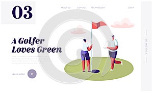 Young Golfers Couple Playing Golf Website Landing Page, Man Golf Player Put Ball into Hole on Green Course, Woman Hold Flag