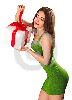 Young gorgeous brunette with gift box