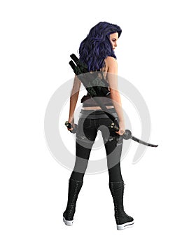 Young goth urban fantasy woman with purple hair standing facing away with swords in hands. 3D rendering isolated on white