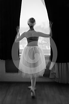 Young and graceful ballerina in pointe shoes and a tutu dances in the studio. Choreography and dancing classes concept.