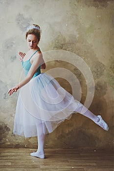 Young and graceful ballerina in pointe shoes and a tutu dances in the studio. Choreography and dancing classes concept.