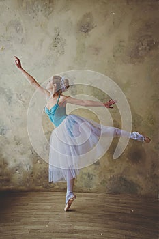 Young and graceful ballerina in pointe shoes and a tutu dances in the studio. Choreography and dancing classes concept.