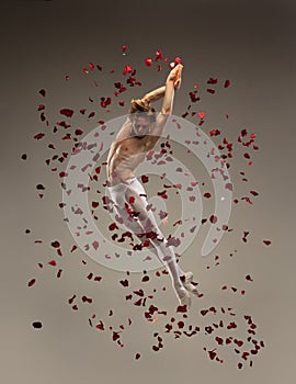 Young and graceful ballet dancer on studio background with rose petals. Art, motion, action, flexibility, inspiration