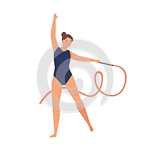 Young graceful woman doing professional rhythmic gymnastics. Gymnast performer in leotard doing elegant exercise with